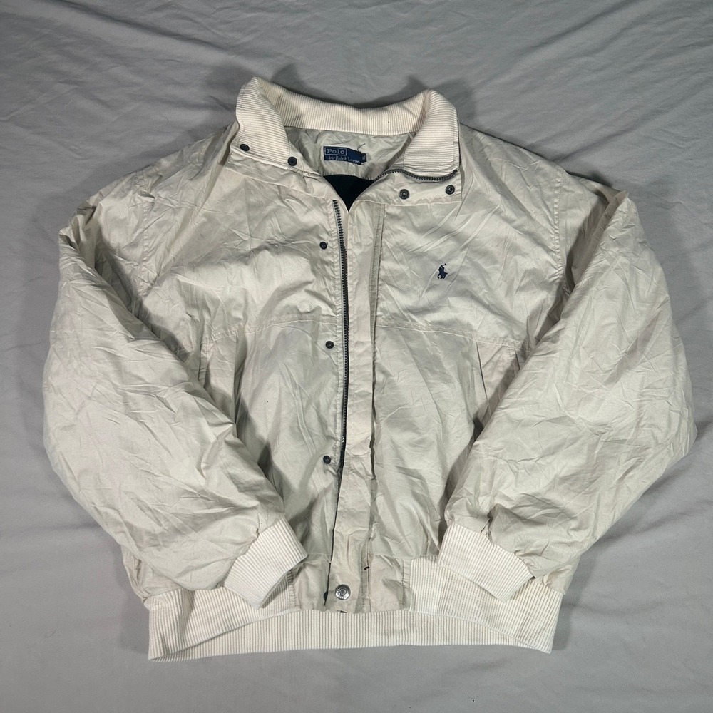 Polo Ralph Lauren Vintage Fleece Lined Bomber Jacket Mens XL Cream Off-White